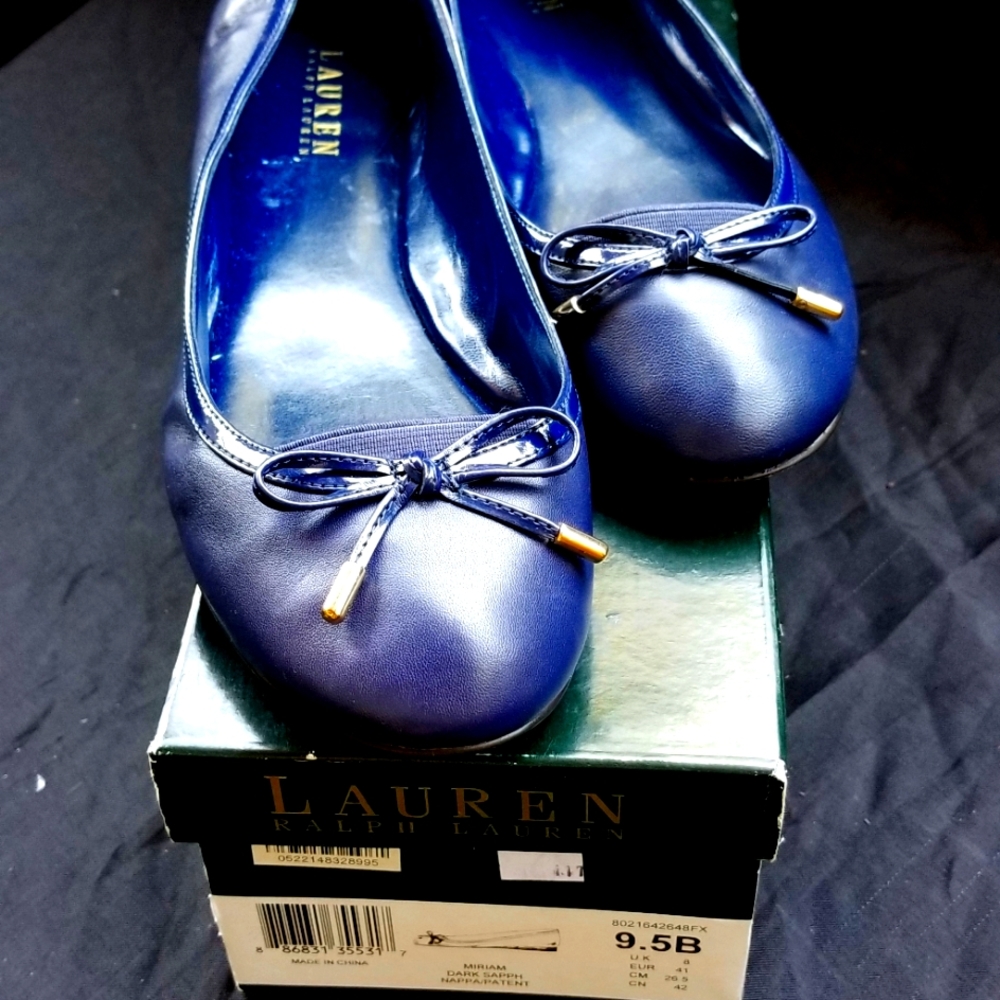 NEW RALPH LAUREN SAPP/BLUE PAT.LEATHER MIRIAM BALLET FLATS W/BOW, IN BOX